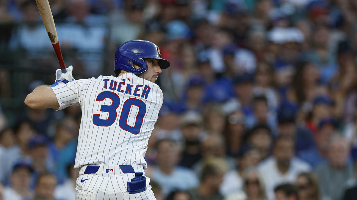 Chicago Cubs right fielder Kyle Tucker (30) bats against the Cleveland Guardians during the third inning at Wrigley Field.
