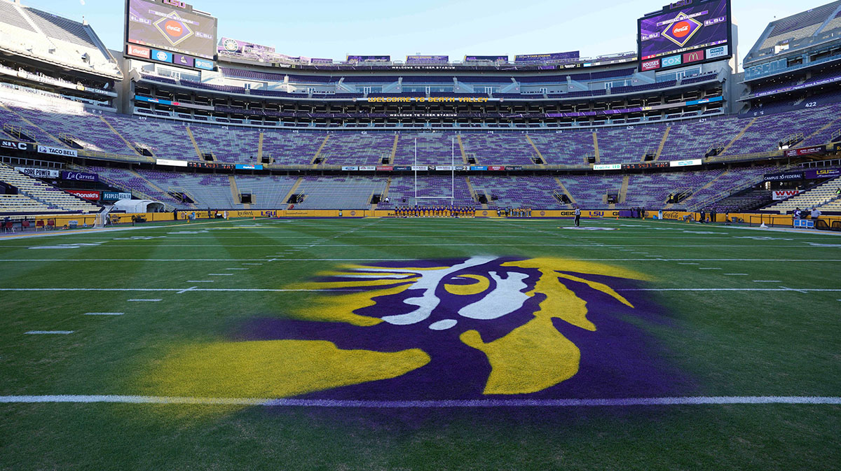 A general overall view of the LSU Tigers logo at midfield at Tiger Stadium.