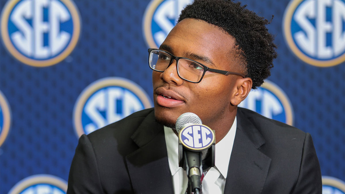 South Carolina Gamecocks quarterback LaNorris Sellers answers media questions during SEC Media Day at Omni Atlanta Hotel.