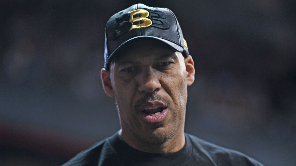 LaVar ball looks on prior to the game between the Boston Celtics and Los Angeles Lakers at Thomas & Mack Arena.