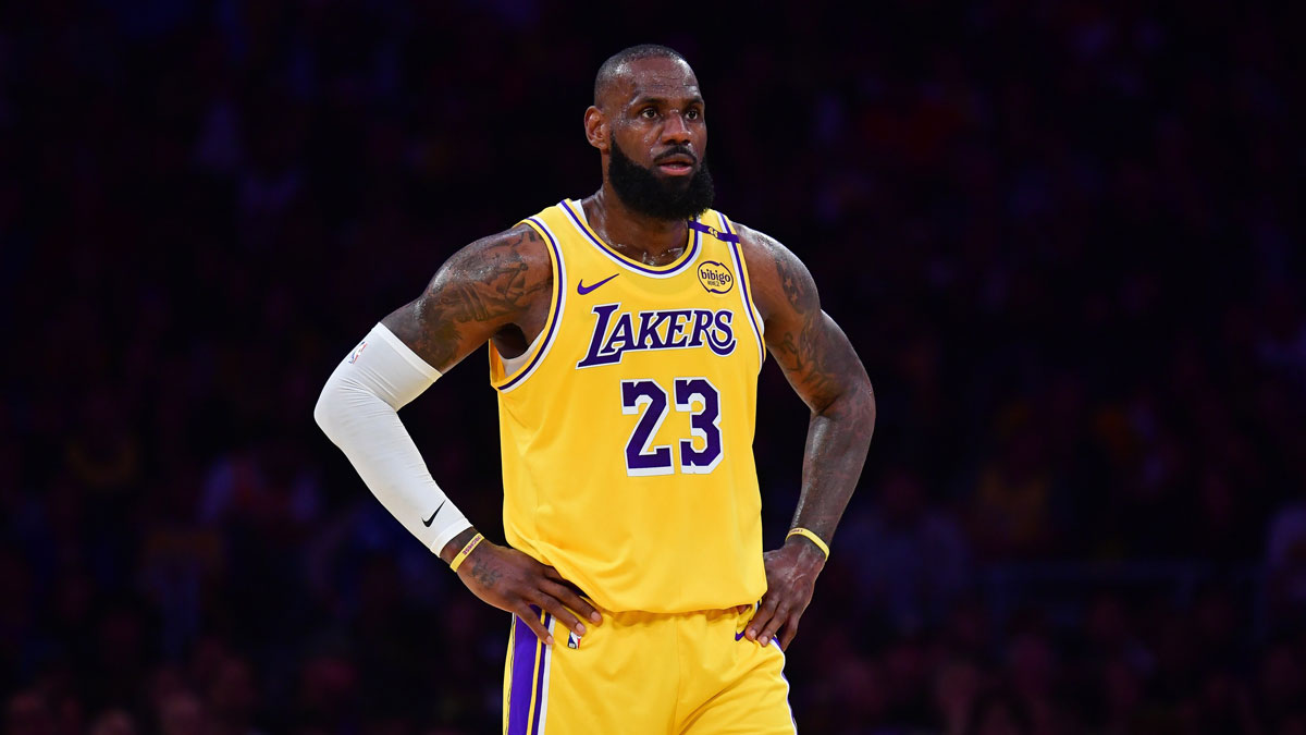 Lakers forward LeBron James (23) reacts during the first half in game five of first round for the 2025 NBA Playoffs at Crypto.com Arena with Cavs' Koby Altman in the background