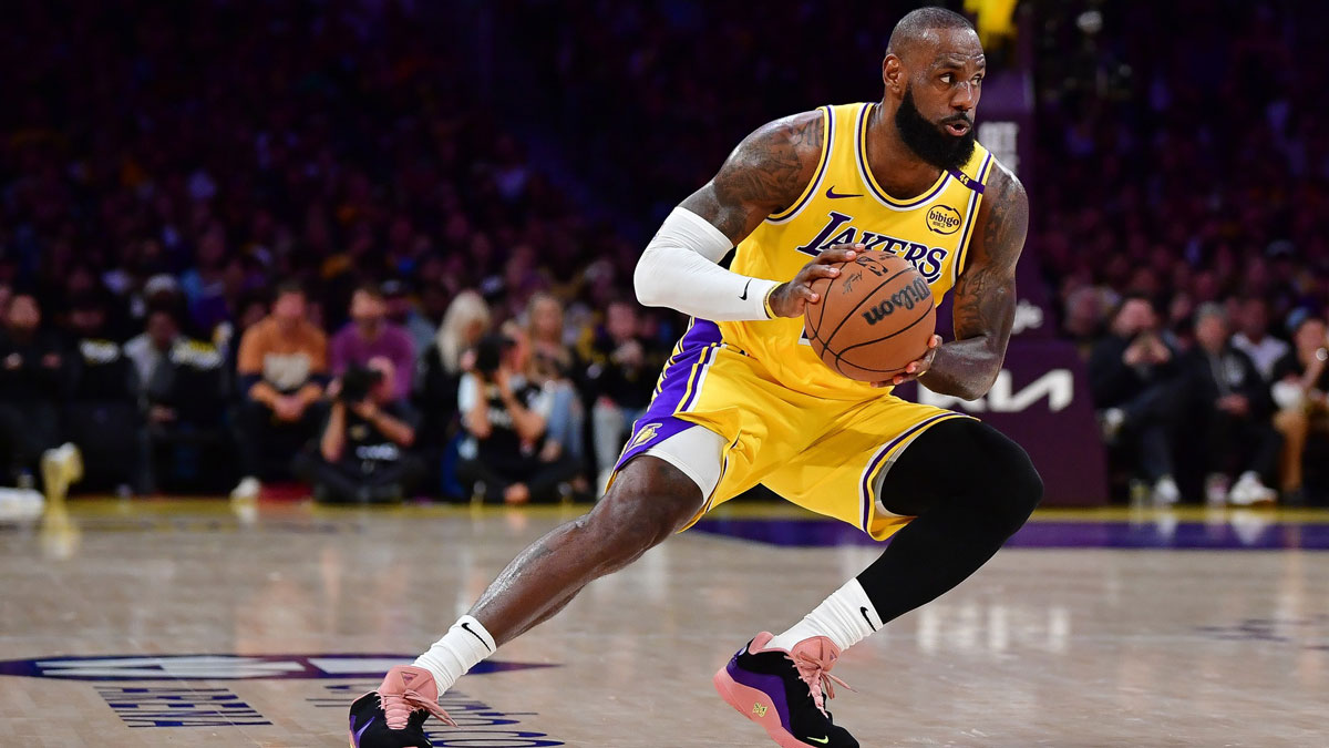 Lakers forward LeBron James (23) controls the ball against the Minnesota Timberwolves during the first half in game five of first round for the 2025 NBA Playoffs at Crypto.com Arena
