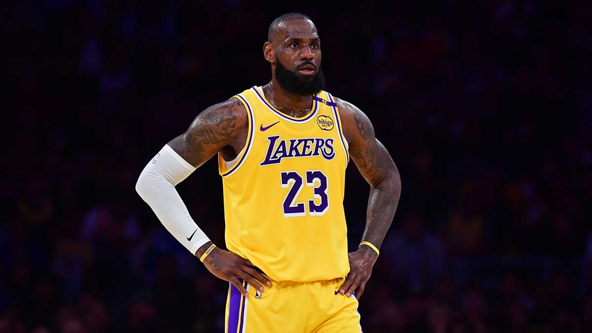 Lakers forward LeBron James (23) reacts during the first half in game five of first round for the 2025 NBA Playoffs at Crypto.com Arena