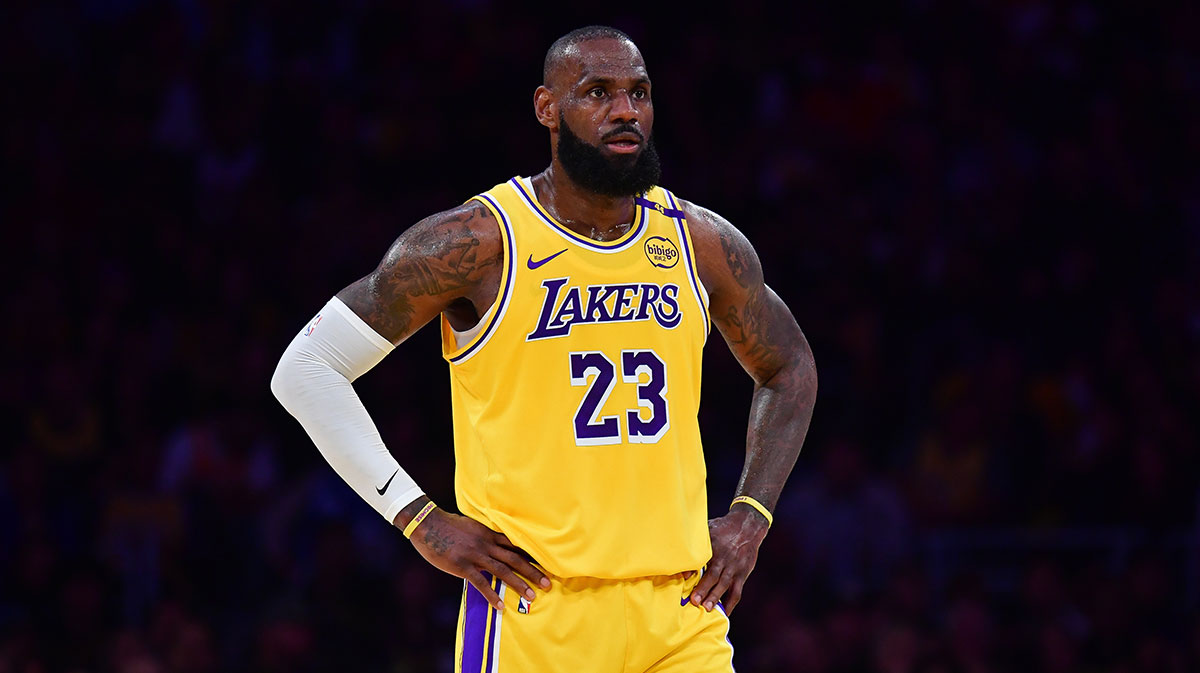 Lakers forward LeBron James (23) reacts during the first half in game five of first round for the 2025 NBA Playoffs at Crypto.com Arena