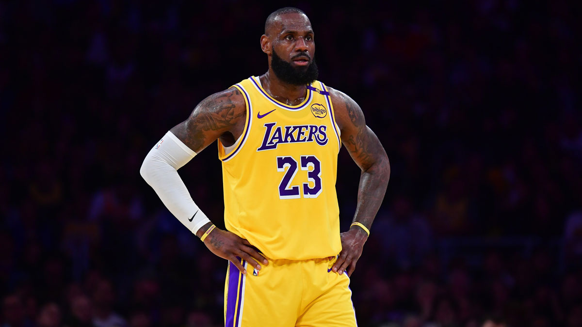 Lakers forward LeBron James (23) reacts during the first half in game five of first round for the 2025 NBA Playoffs at Crypto.com Arena with ESPN's Brian Windhorst in the background