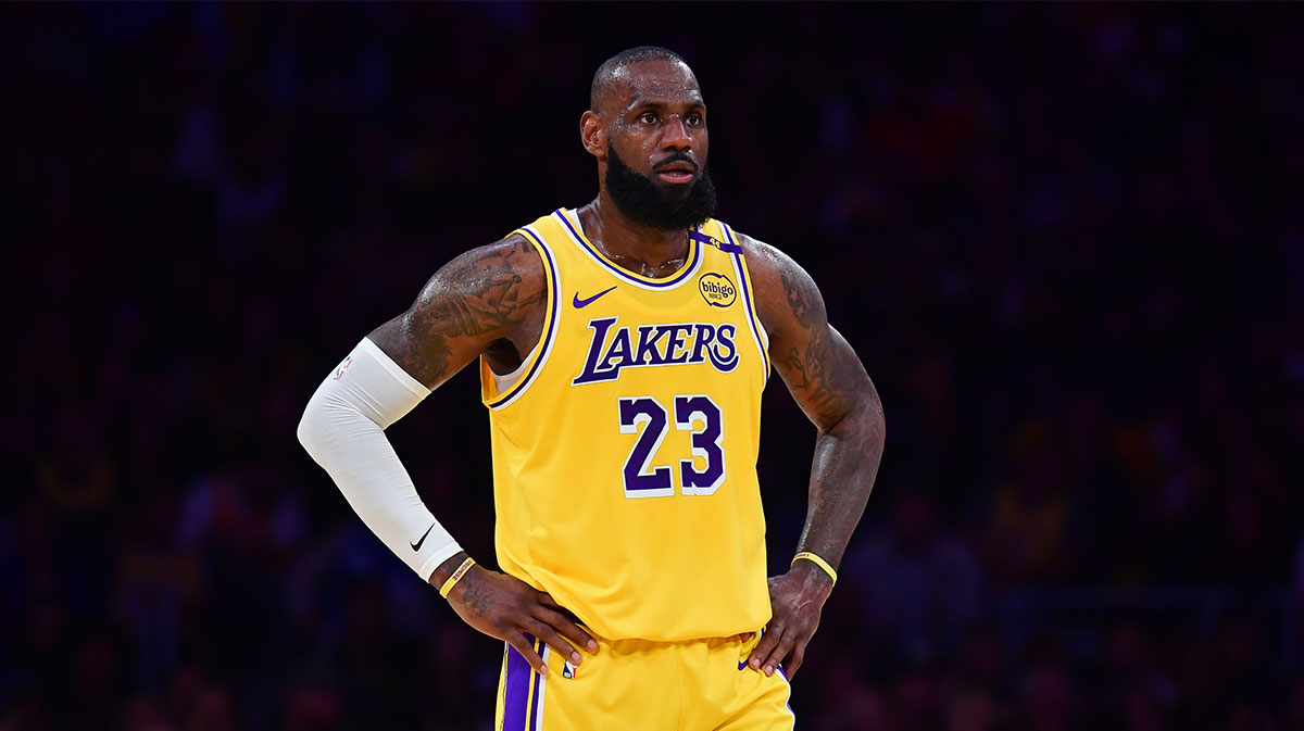Los Angeles Lakers forward LeBron James (23) reacts during the first half in game five of first round for the 2025 NBA Playoffs at Crypto.com Arena. LeBron James is rumored to be traded this Lakers NBA Free Agency.