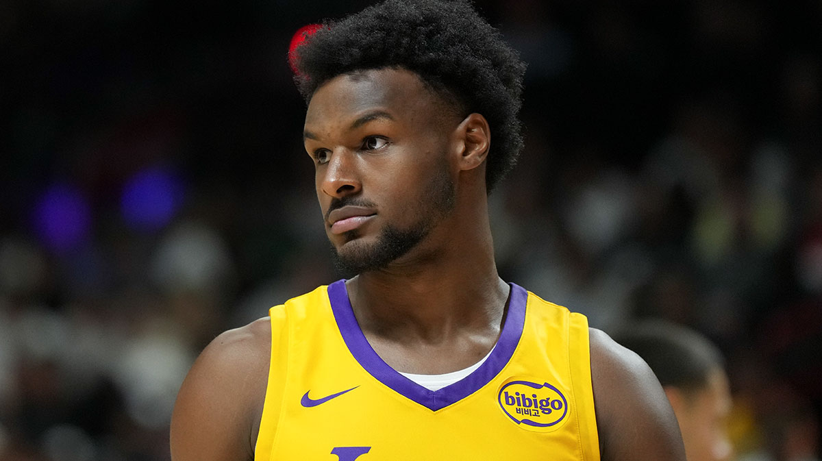Los Angeles Lakers guard Bronny James (9) looks on in the fourth quarter against the Dallas Mavericks at Thomas & Mack Center.