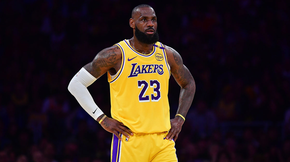 Lakers forward LeBron James (23) reacts during the first half in game five of first round for the 2025 NBA Playoffs at Crypto.com Arena