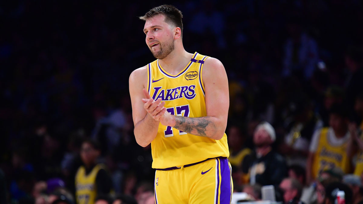 Los Angeles Lakers guard Luka Doncic (77) reacts during the second half in game five of first round for the 2025 NBA Playoffs at Crypto.com Arena. Luka Doncic is reportedly happy with the signing of Deandre Ayton in NBA Free Agency.