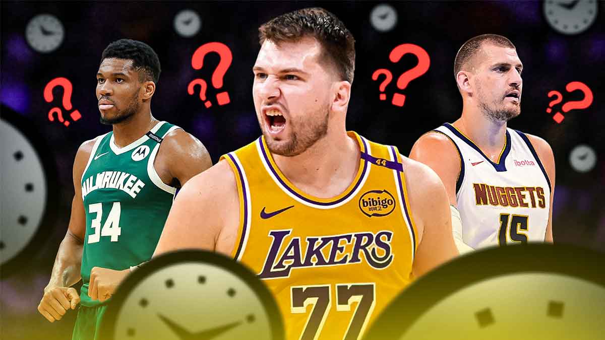 Lakers' Luka Doncic, Nuggets' Nikola Jokic, Bucks' Giannis Antetokounmpo with clocks and question marks around them