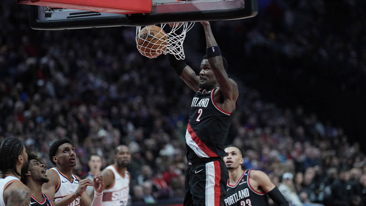 Blazers center Deandre Ayton (2) dunks the ball during the second half against the Phoenix Suns at Moda Center