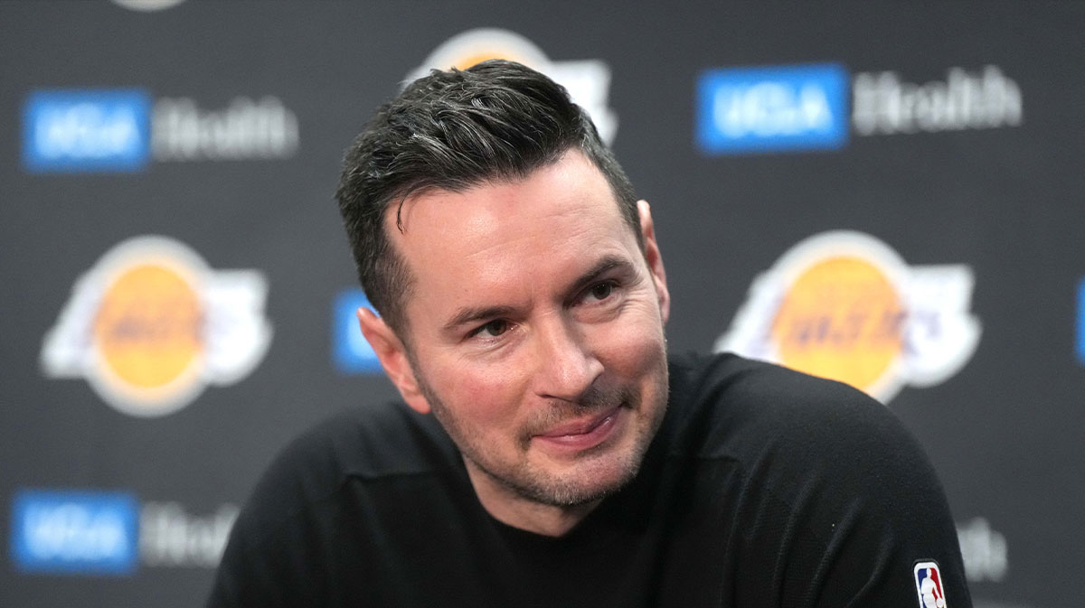 Jan 23, 2025; Los Angeles, California, USA; Los Angeles Lakers coach JJ Redick at a press conference at the Crypto.com Arena. Mandatory Credit: Kirby Lee-Imagn Images
