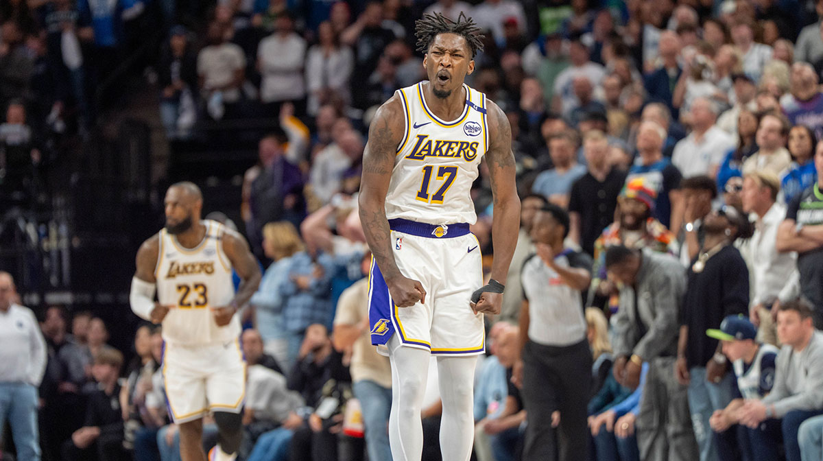 Apr 27, 2025; Minneapolis, Minnesota, USA; Los Angeles Lakers forward Dorian Finney-Smith (17) celebrates after scoring a three pointer agains the Minnesota Timberwolves in the fourth quarter during game four of first round for the 2025 NBA Playoffs at Target Center. Lakers lose Dorian Finney-Smith to Rockets amid NBA Free Agency.
