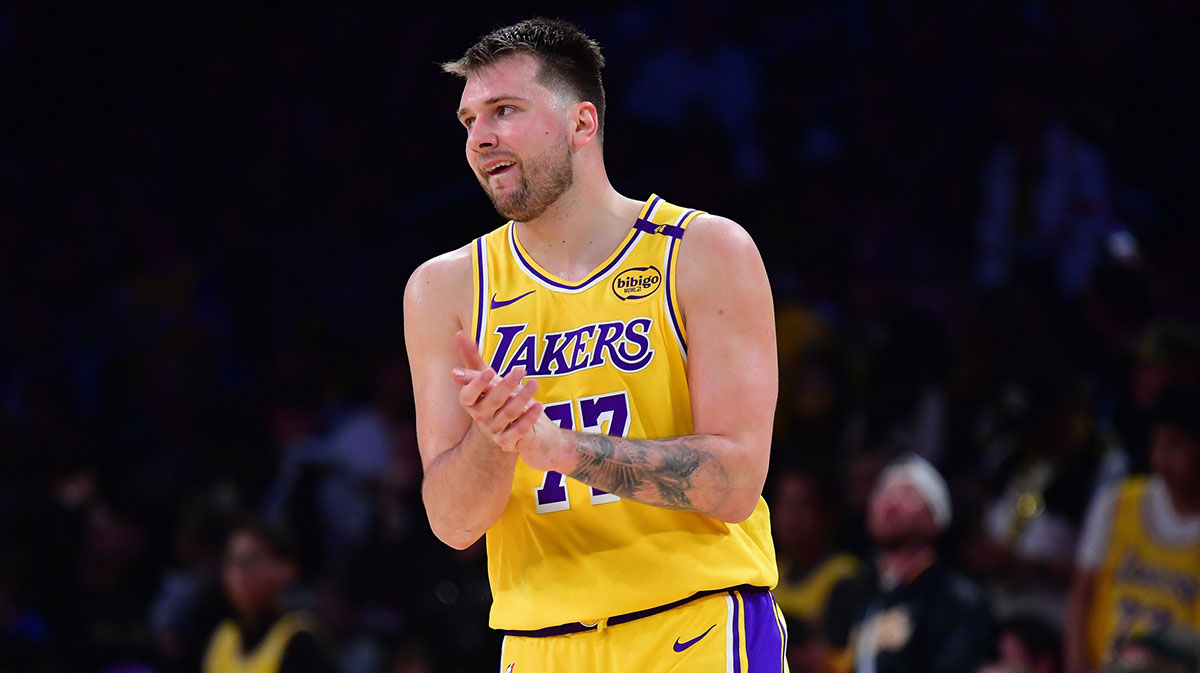 Los Angeles Lakers guard Luka Doncic (77) reacts during the second half in game five of first round for the 2025 NBA Playoffs at Crypto.com Arena.