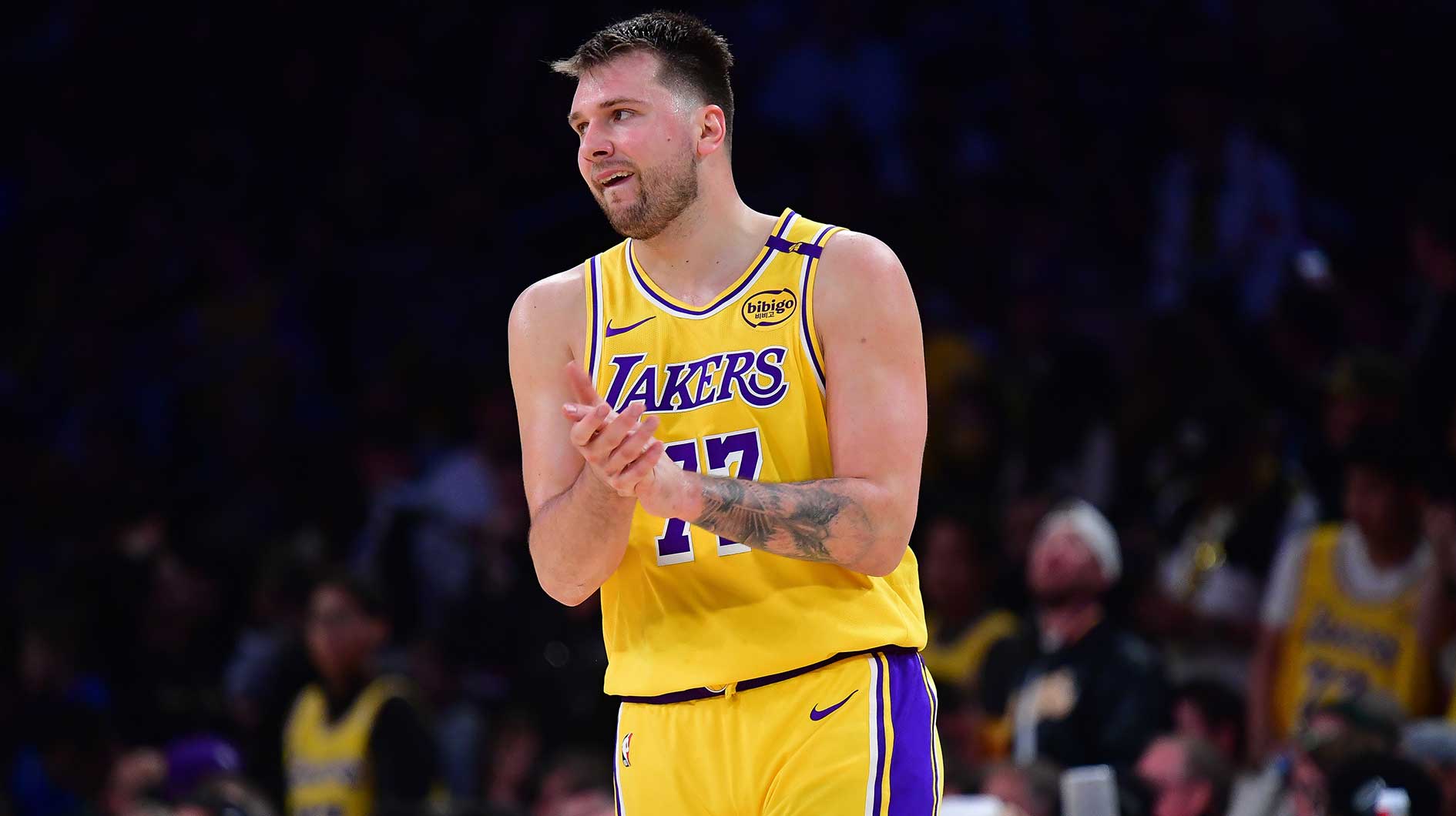 Lakers guard Luka Doncic (77) reacts during the second half in game five of first round for the 2025 NBA Playoffs at Crypto.com Arena