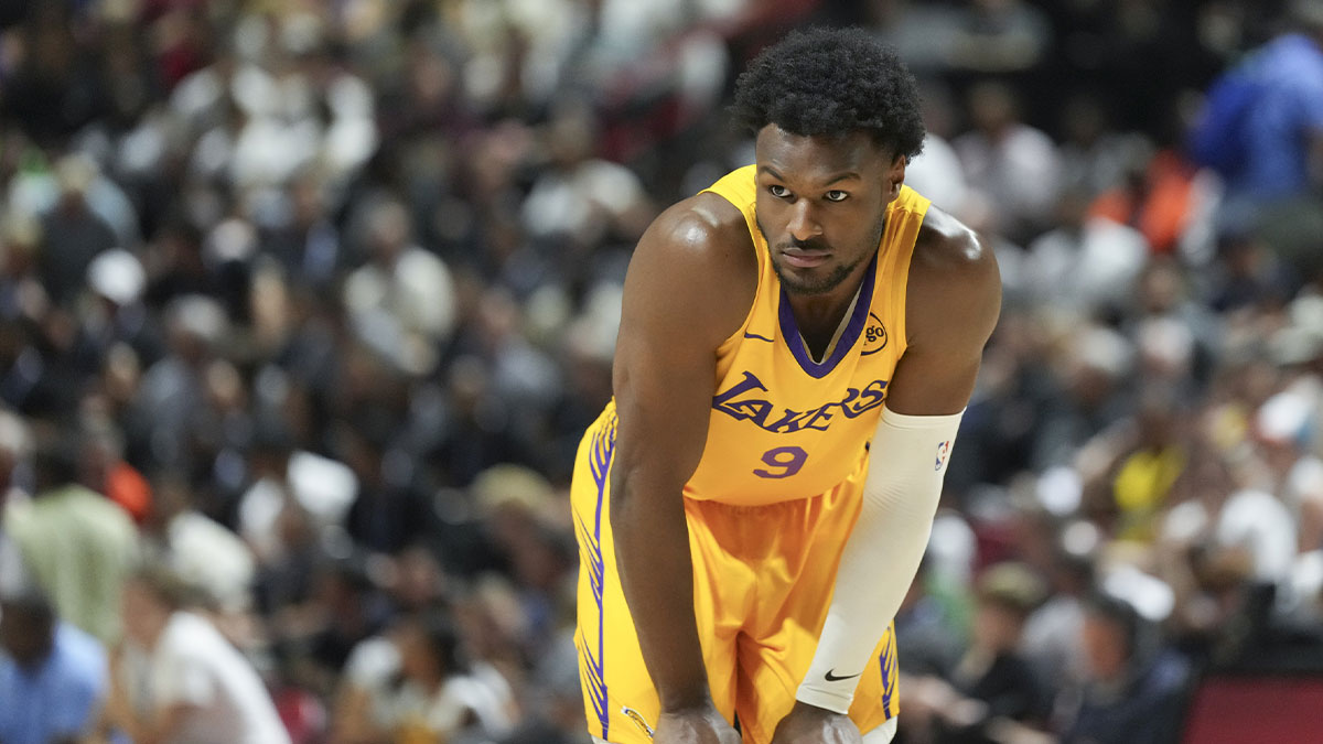 Los Angeles Lakers guard Bronny James (9) prepares for the start of the second quarter against the Dallas Mavericks at Thomas & Mack Center.