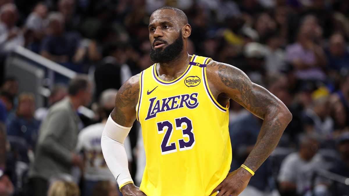 Los Angeles Lakers forward LeBron James (23) looks on against the Orlando Magic in the second quarter at Kia Center.