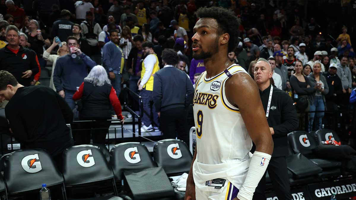 Los Angeles Lakers guard Bronny James (9) waits for his team to exit Moda Center after the Lakers were defeated by Portland Trail Blazers at Moda Center. Bronny James reveals how he hates playing in the NBA Summer League and how his cardiac arrest still affects him.
