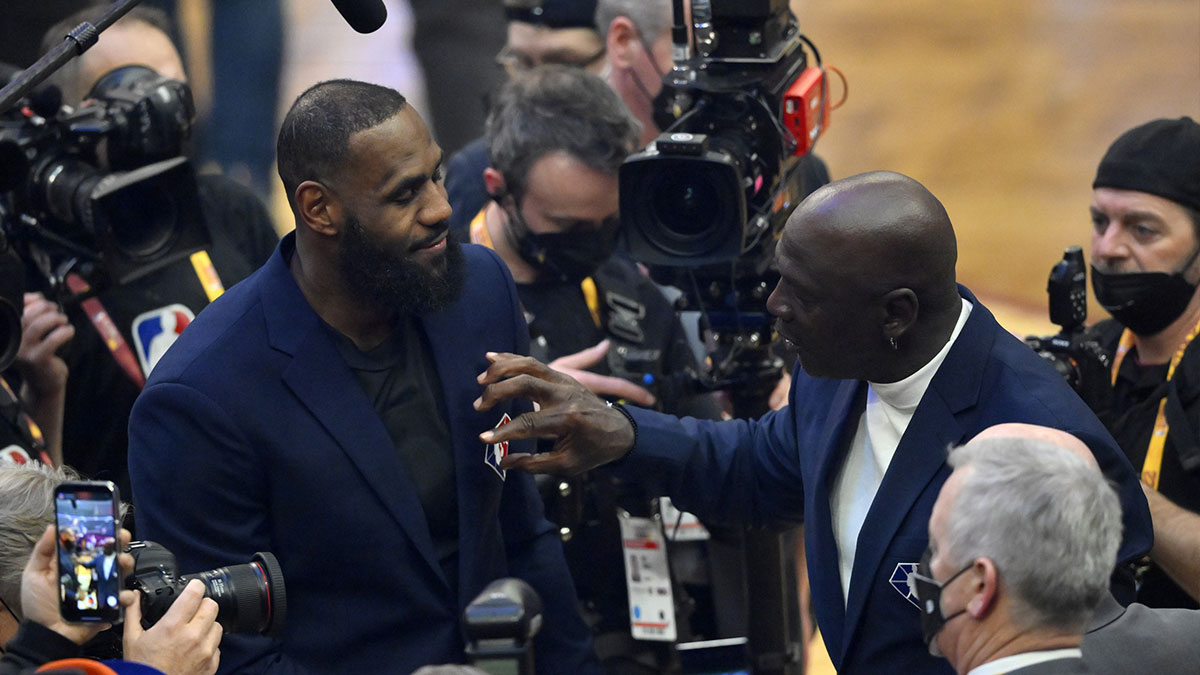 Lebron James and Michael Jordan on court during halftime during the 2022 NBA All-Star Game at Rocket Mortgage FieldHouse.