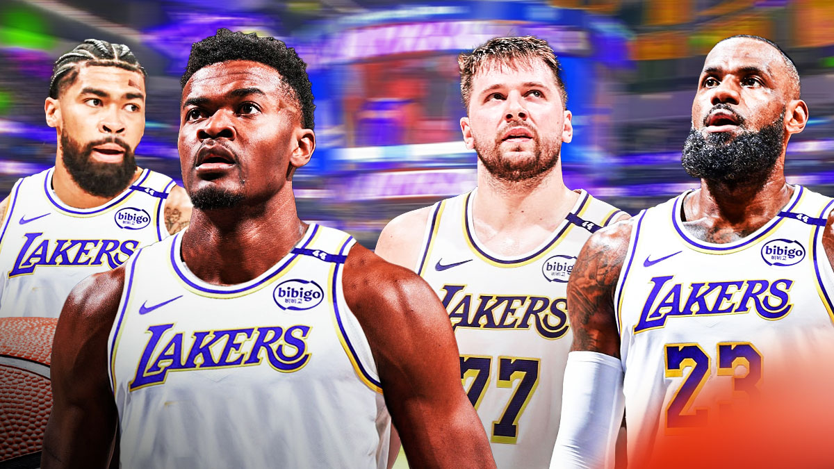 Yves Missi and Nick Richards in Lakers jerseys next to LeBron James and Luka Doncic