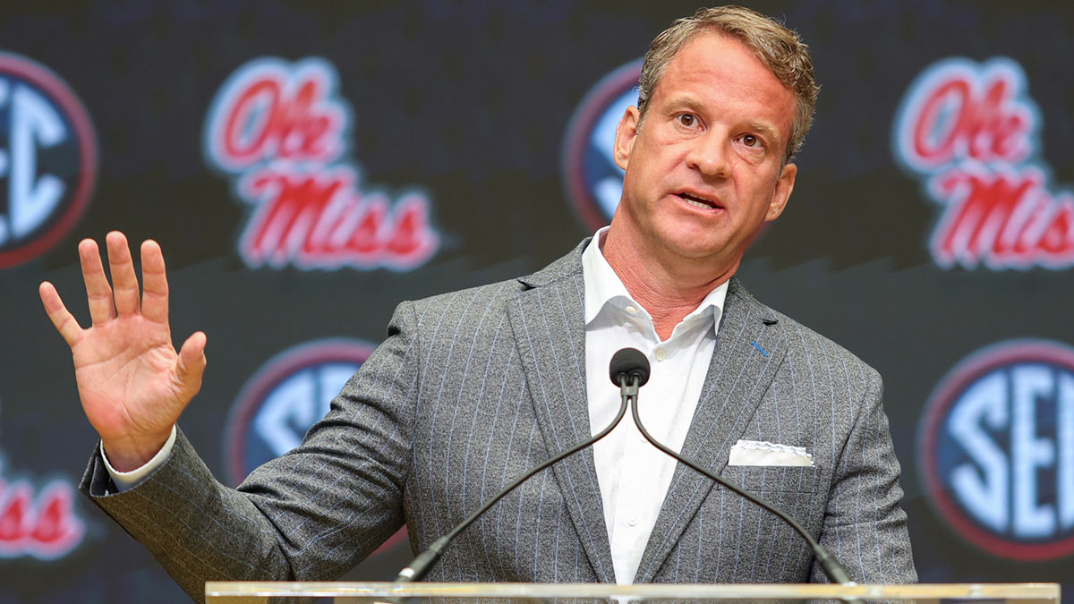 Ole Miss Rebels head coach Lane Kiffin speaks to the media during SEC Media Day at Omni Atlanta Hotel.
