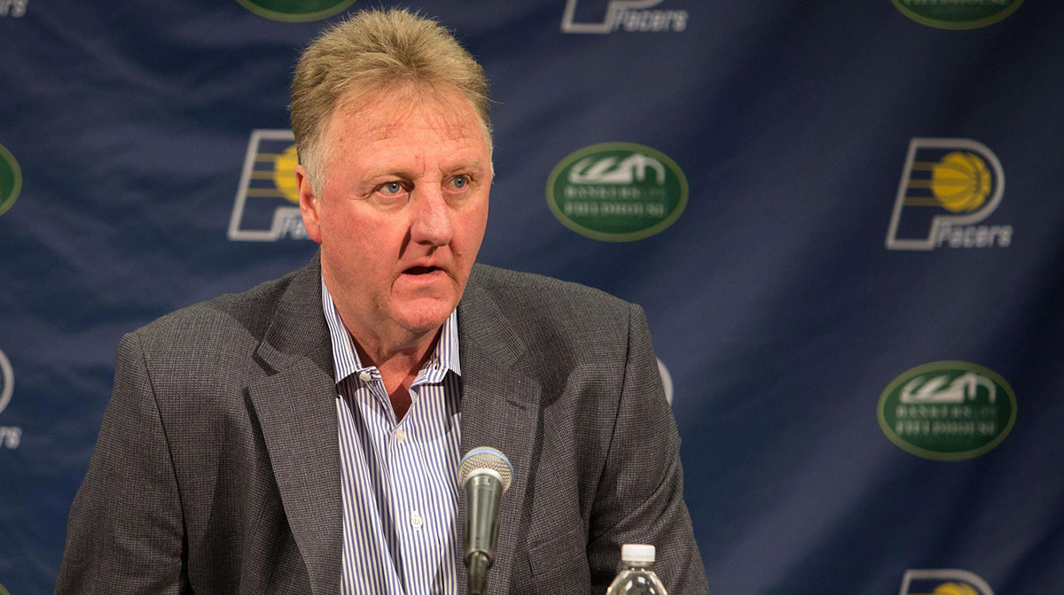 Indiana Pacers president of basketball operations Larry Bird speak to the press during a press conference at Bankers Life Fieldhouse.