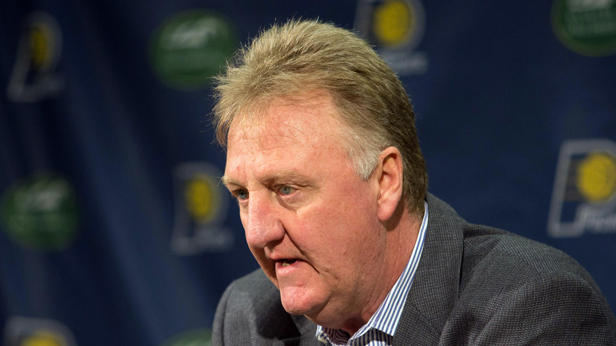 Indiana Pacers president of basketball operations Larry Bird speaks to the press during a press conference at Bankers Life Fieldhouse.