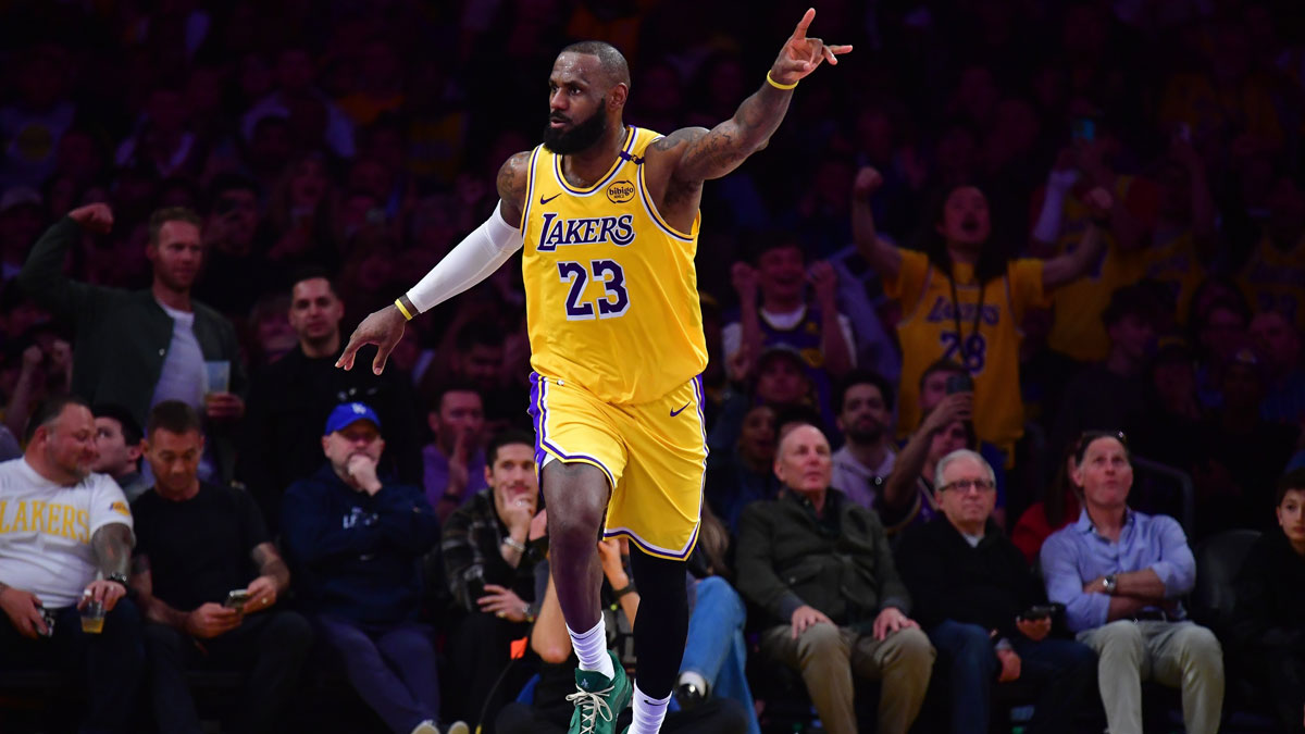 Los Angeles Lakers forward LeBron James (23) reacts after scoring a basket against the Golden State Warriors during the second half at Crypto.com Arena.