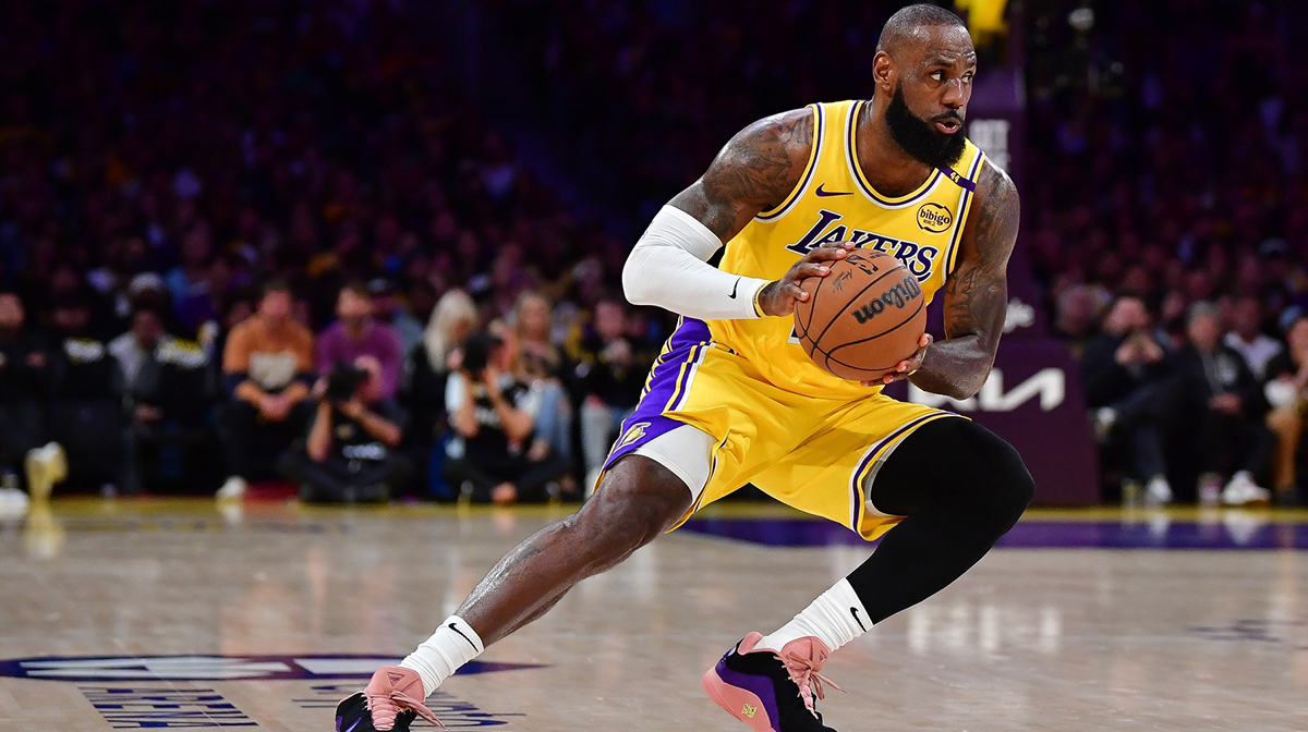 Los Angeles Lakers forward LeBron James (23) controls the ball against the Minnesota Timberwolves during the first half in game five of first round for the 2025 NBA Playoffs at Crypto.com Arena.