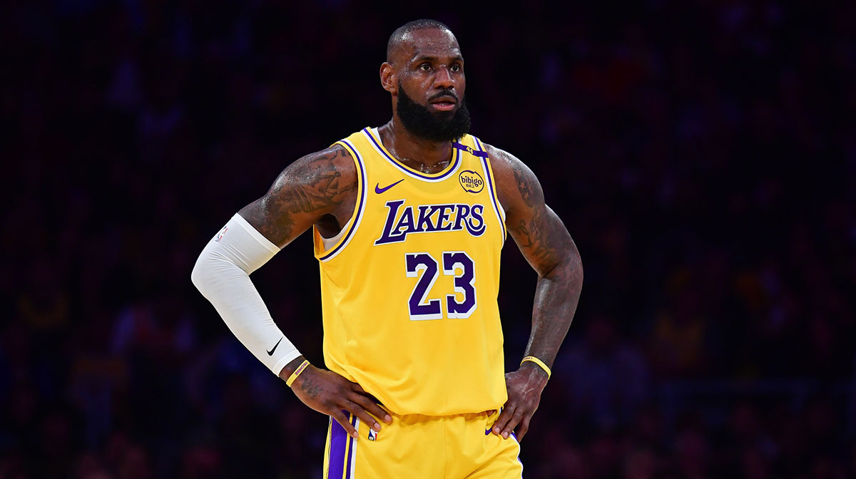 Los Angeles Lakers forward LeBron James (23) reacts during the first half in game five of first round for the 2025 NBA Playoffs at Crypto.com Arena.