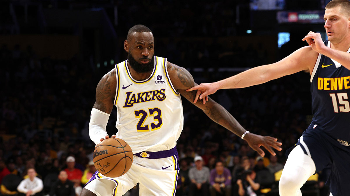 Los Angeles Lakers forward LeBron James (23) drives against Denver Nuggets center Nikola Jokic (15) during the first quarter in game four of the first round for the 2024 NBA playoffs at Crypto.com Arena