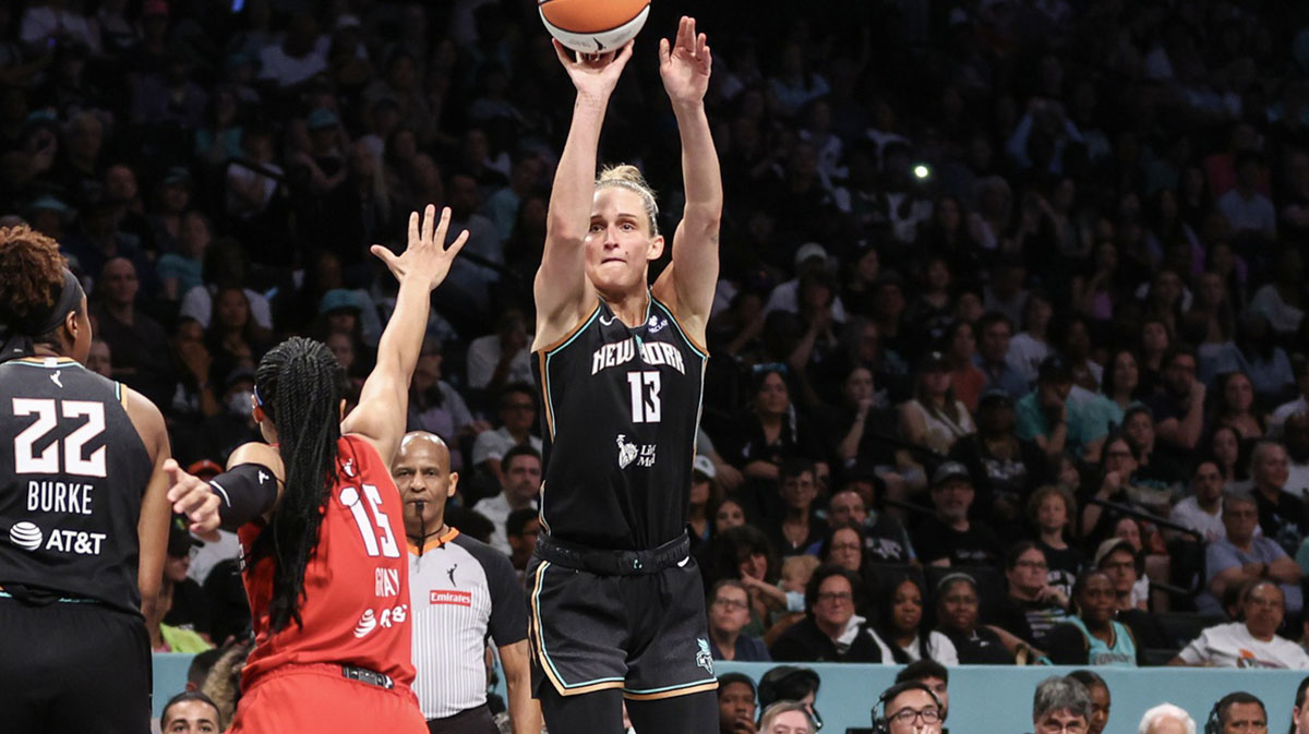 New York Liberty forward Leonie Fiebich (13) takes a three-point shot in the fourth quarter against the Atlanta Dream at Barclays Center.
