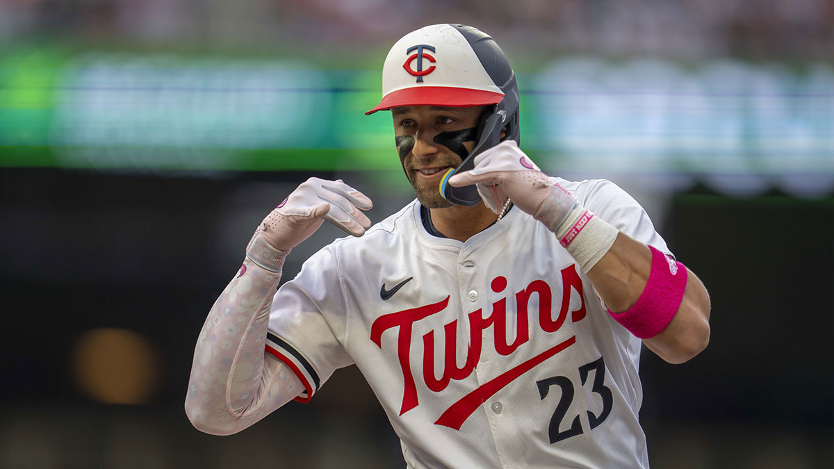 Minnesota Twins third baseman Royce Lewis (23) celebrates after hitting an RBI single against the Texas Rangers in the fourth inning at Target Field.