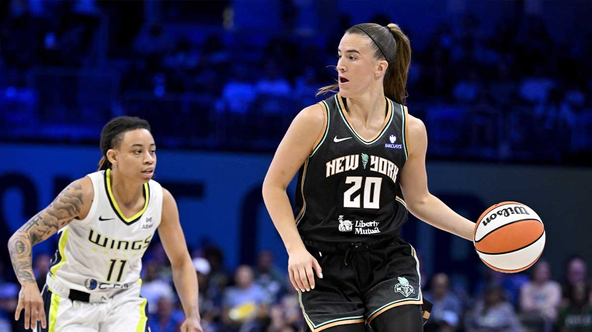 New York Liberty guard Sabrina Ionescu (20) brings the ball up court past Dallas Wings guard JJ Quinerly (11) during the second half at College Park Center.