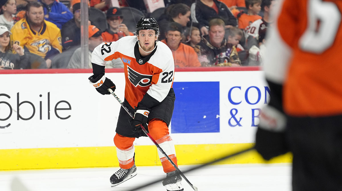 Philadelphia Flyers left wing Jakob Pelletier (22) controls the puck against the Nashville Predators in the third period at Wells Fargo Center.