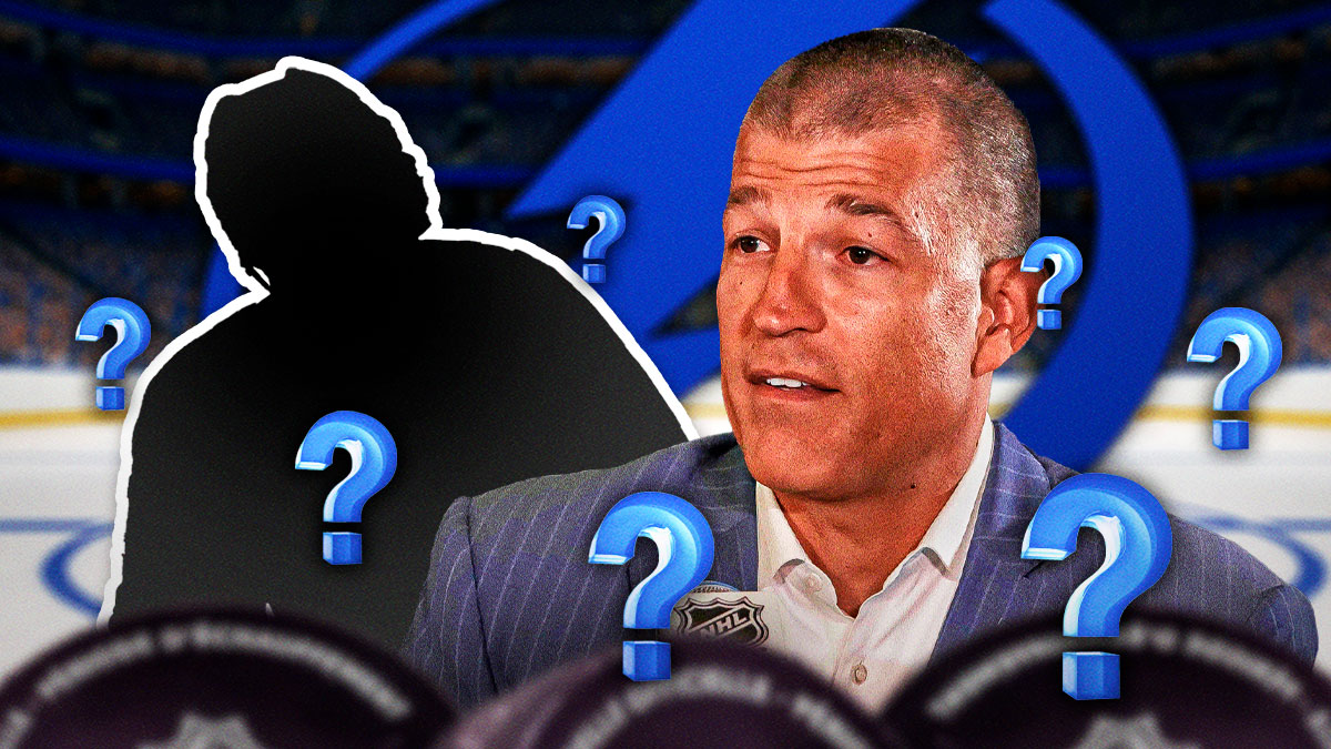 Lightning GM Julien BriseBois with a mystery player, question marks around them, and the Lightning logo in the background.