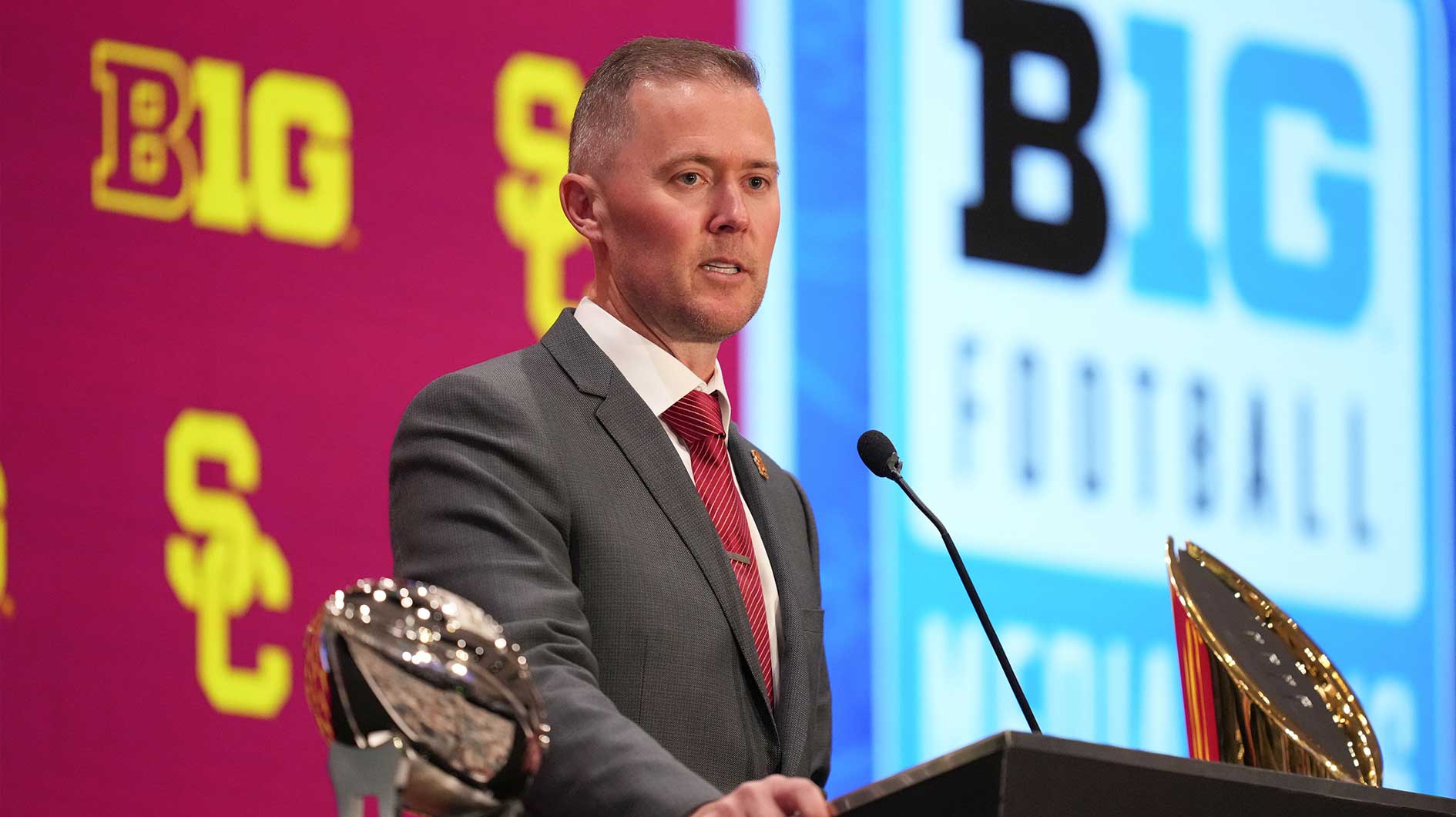 USC head coach Lincoln Riley speaks to the media during the Big Ten NCAA college football media days at Mandalay Bay.