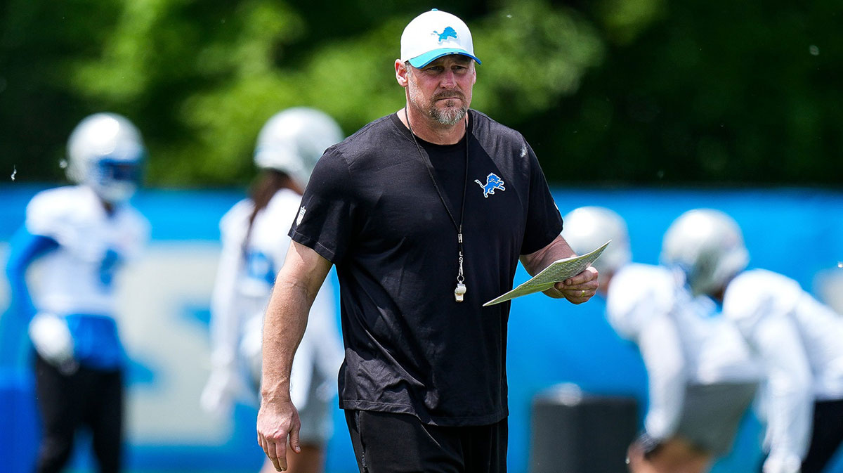 Detroit Lions head coach Dan Campbell watches practices during OTA at Meijer Performance Center in Allen Park on Friday, May 30, 2025.