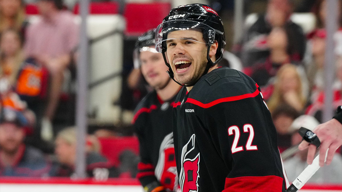 Carolina Hurricanes center Logan Stankoven (22) reacts against the New York Islanders during the first period at Lenovo Center.