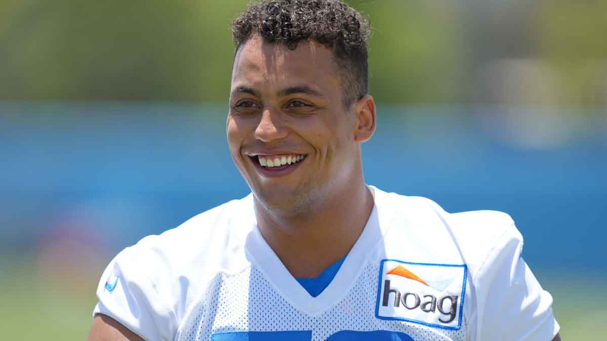 Los Angeles Chargers tackle Rashawn Slater (70) during organized team activities at Hoag Performance Center.