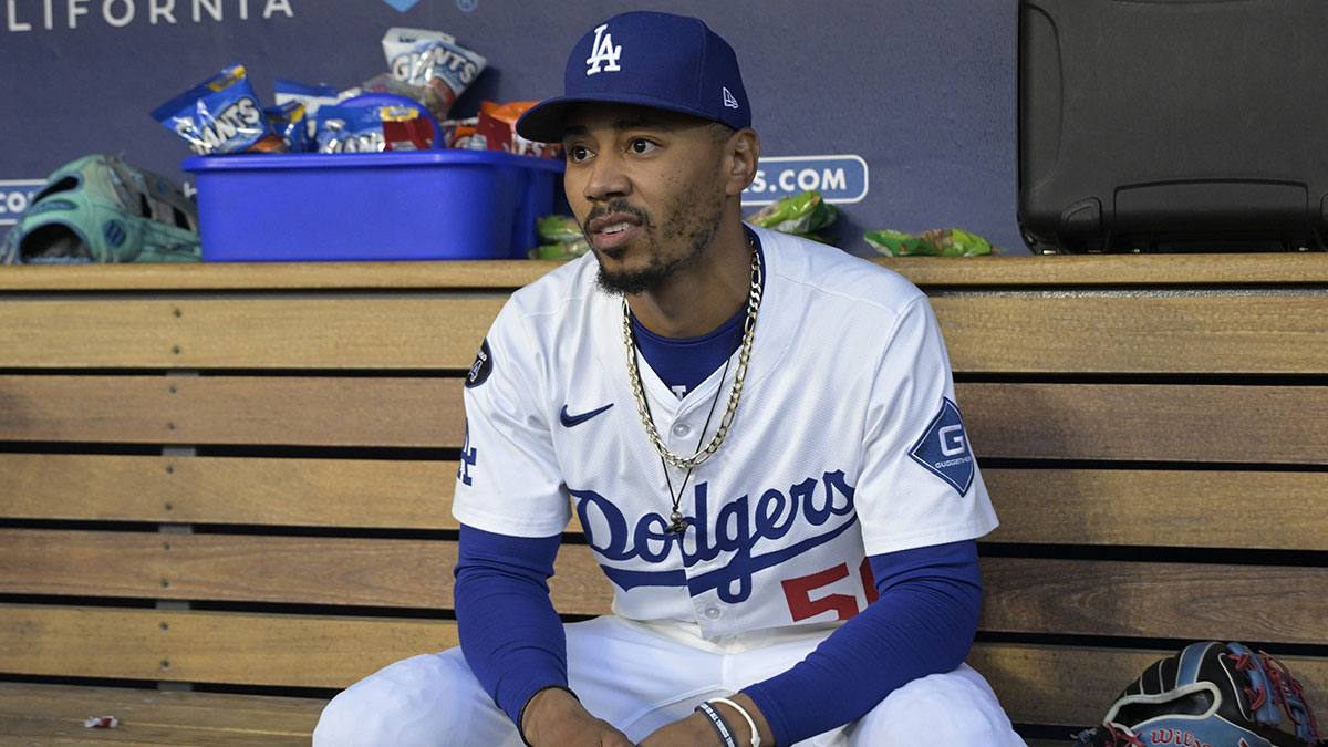 Los Angeles Dodgers shortstop Mookie Betts (50) in the dugout prior to the first inning of the game against the Minnesota Twins at Dodger Stadium.