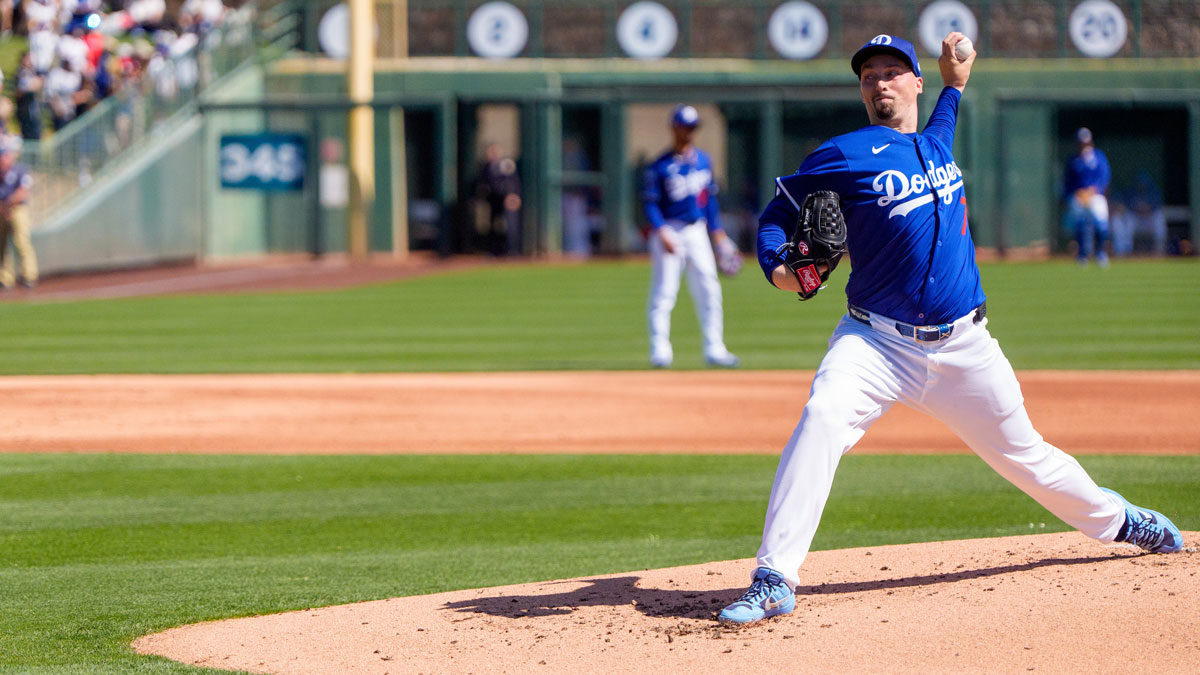 Los Angeles Dodgers pitcher Blake Snell (7) on the mound in the first inning for a spring training game between the Oakland Athletics at Camelback Ranch-Glendale.