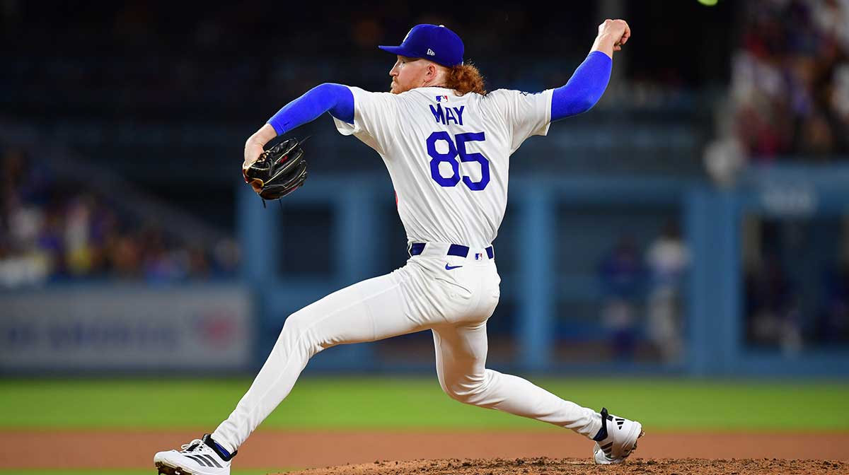 Los Angeles Dodgers pitcher Dustin May (85) throws against the Minnesota Twins during the fifth inning at Dodger Stadium.
