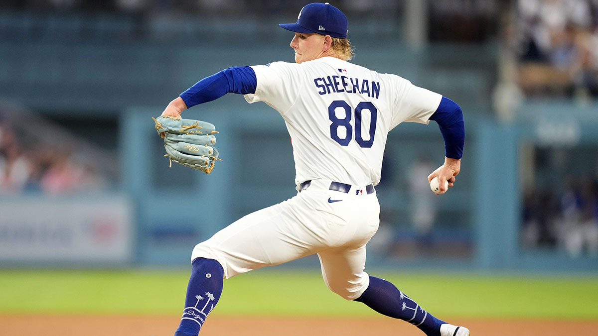 Los Angeles Dodgers pitcher Emmet Sheehan (80) throws in the fourth inning against the San Diego Padres at Dodger Stadium.