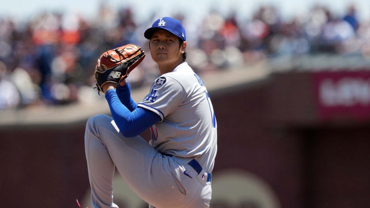 Los Angeles Dodgers starting pitcher Shohei Ohtani (17) throws a pitch against the San Francisco Giants during the first inning at Oracle Park. Roupp