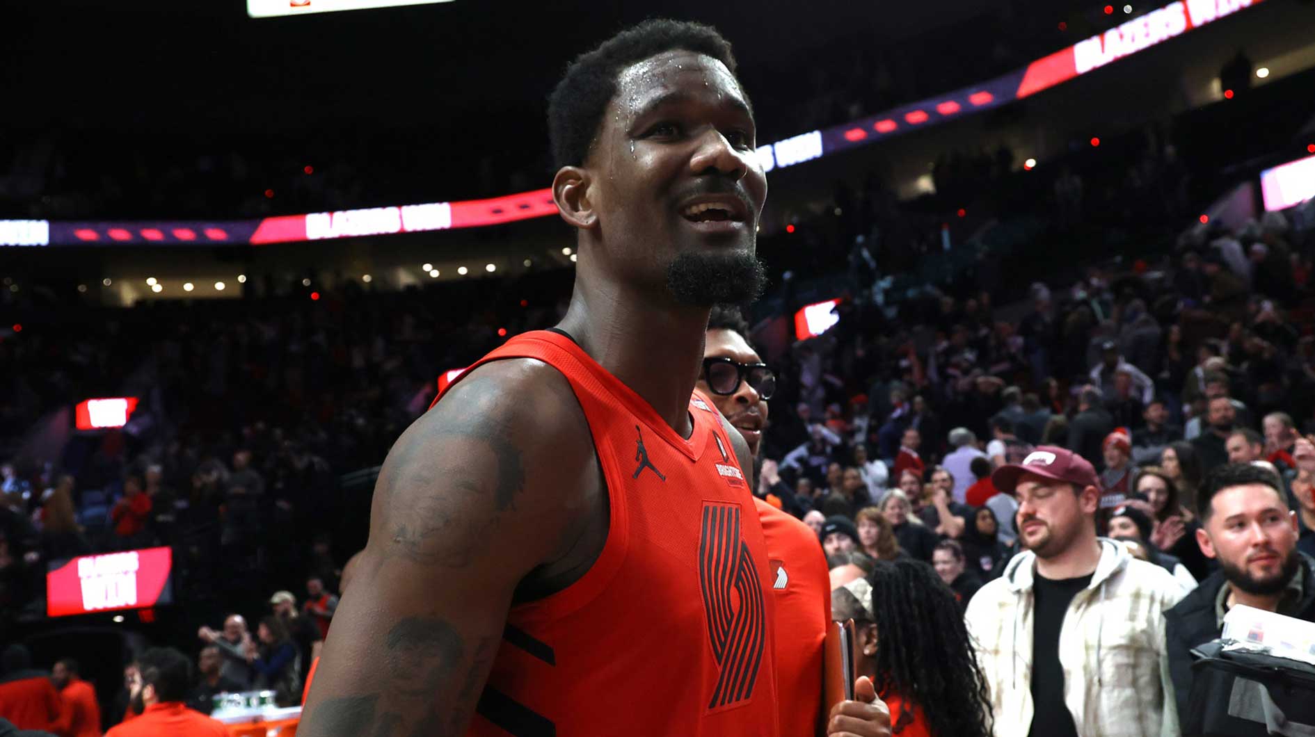 Portland Trail Blazers center Deandre Ayton (2) reacts after helping secure a 121-119 overtime win against the Phoenix Suns at Moda Center.