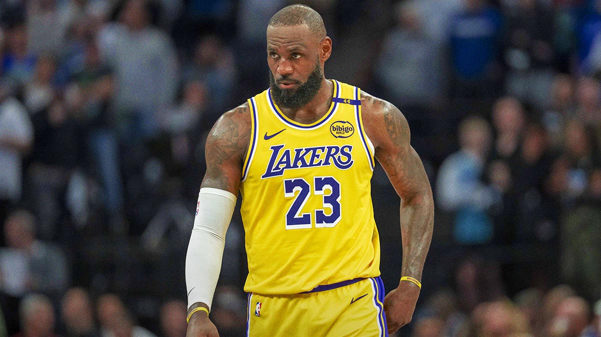 Los Angeles Lakers forward LeBron James (23) looks on against the Minnesota Timberwolves in the second half during game three of first round for the 2024 NBA Playoffs at Target Center.