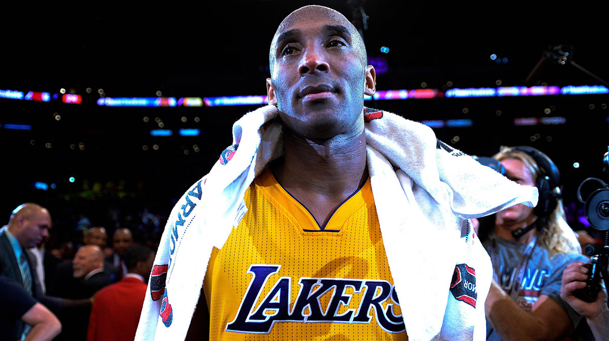 Los Angeles Lakers forward Kobe Bryant (24) looks on after the Lakers defeat of the Utah Jazz 101-96 at Staples Center in Bryant's final game of his career. Bryant scored 60 points in the game.