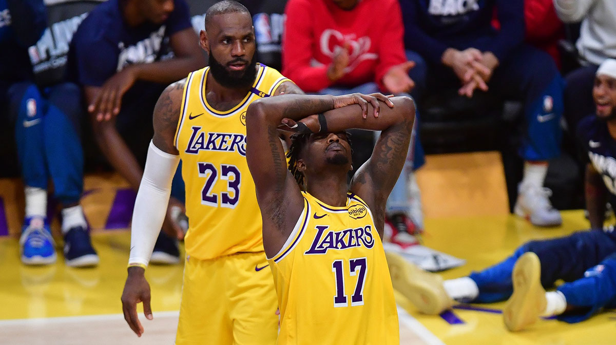 Los Angeles Lakers forward Dorian Finney-Smith (17) reacts after being called for a foul during the second half in game five of first round for the 2025 NBA Playoffs at Crypto.com Arena.