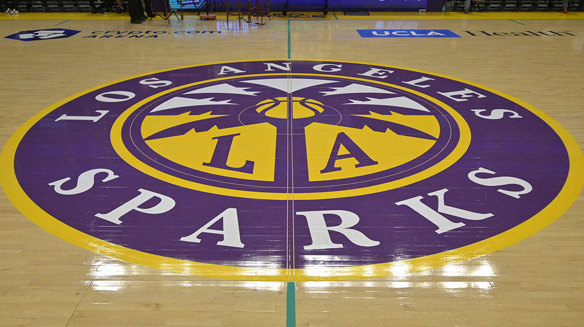General view of the Los Angeles Sparks logo on the court at Crypto.com Arena.